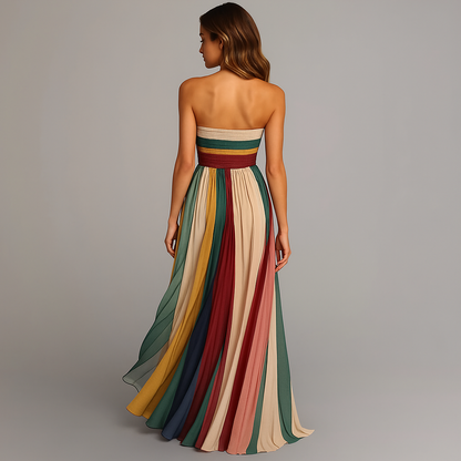 Women's Strapless Pleated Summer Maxi Dress - Colorful Boho Beach Sundress Flowy A-Line