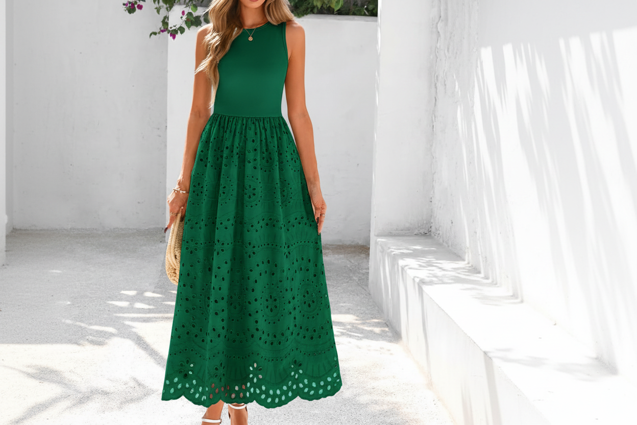 Women's Sleeveless Cotton A-Line Maxi Dress with Pockets