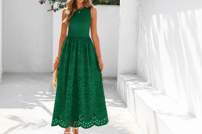 Women's Sleeveless Cotton A-Line Maxi Dress with Pockets
