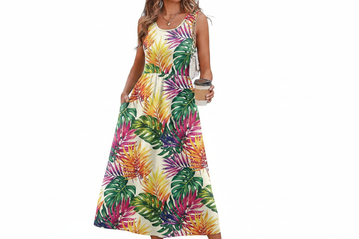 Women's Flowy Casual Midi Dress with Pockets
