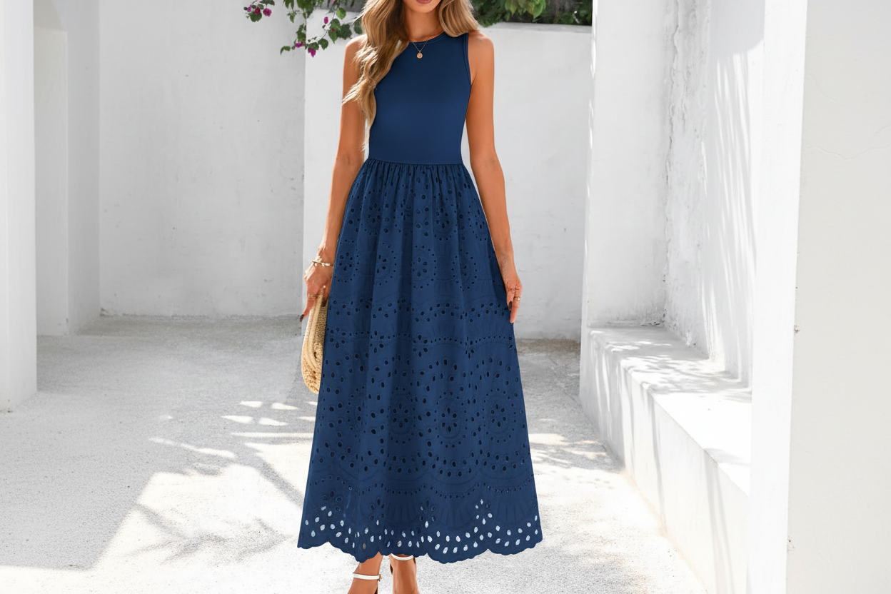 Women's Sleeveless Cotton A-Line Maxi Dress with Pockets