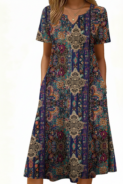 Women's Short Sleeve A-Line Midi Dress with Pockets