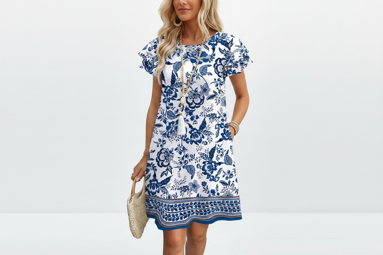 Women's Ruffle Sleeve Swing Sundress with Pockets