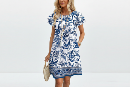 Women's Ruffle Sleeve Swing Sundress with Pockets