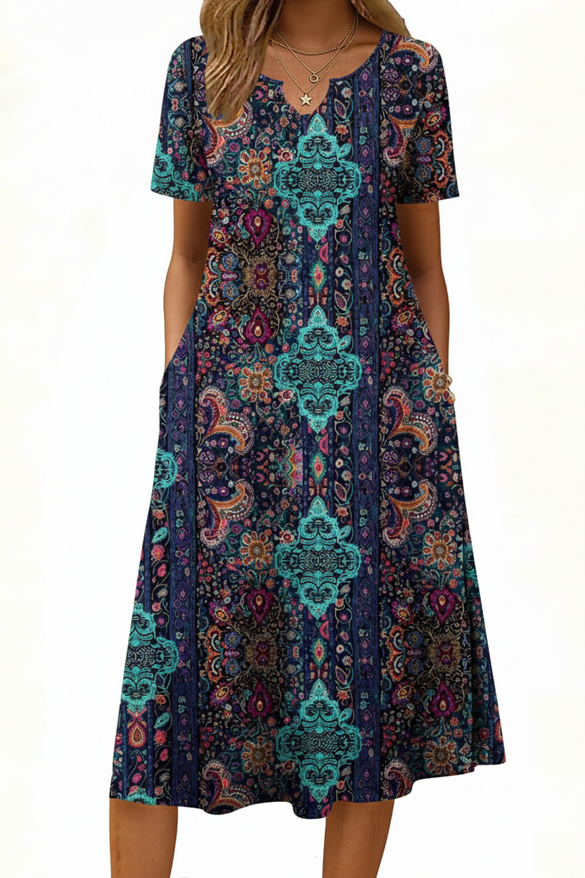 Women's Short Sleeve A-Line Midi Dress with Pockets