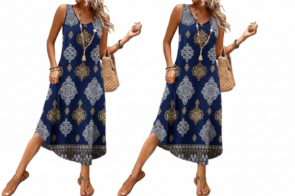 Women's Button Front Sleeveless Midi Dress with Pockets