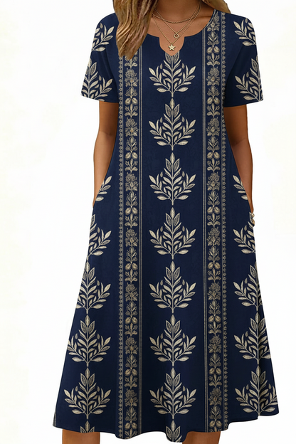 Women's Short Sleeve A-Line Midi Dress with Pockets