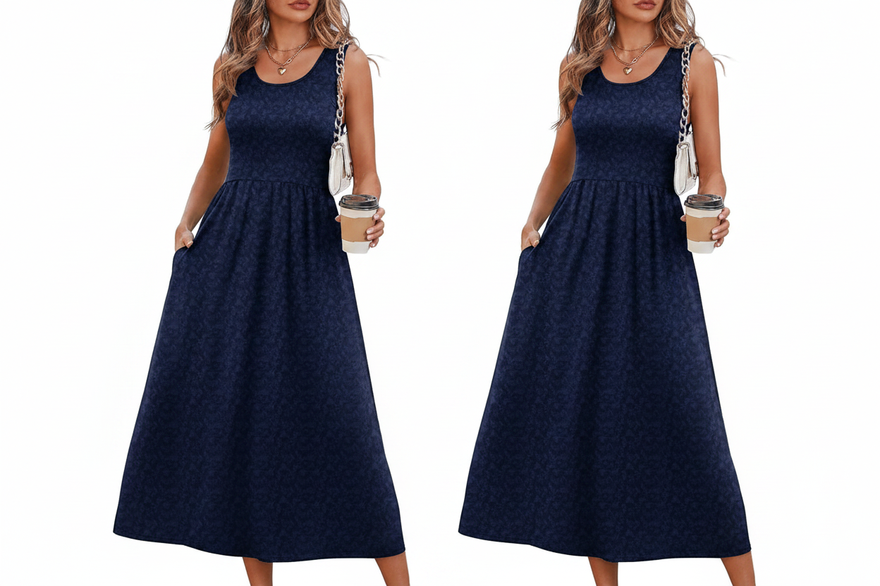 Women's Flowy Casual Midi Dress with Pockets