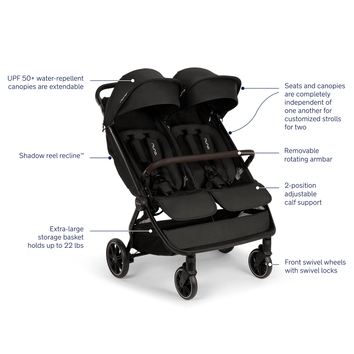 Nuna TRVL dubl Lightweight Side by Side Double Stroller - Caviar