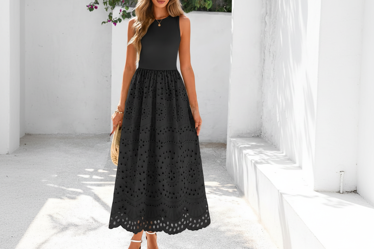 Women's Sleeveless Cotton A-Line Maxi Dress with Pockets