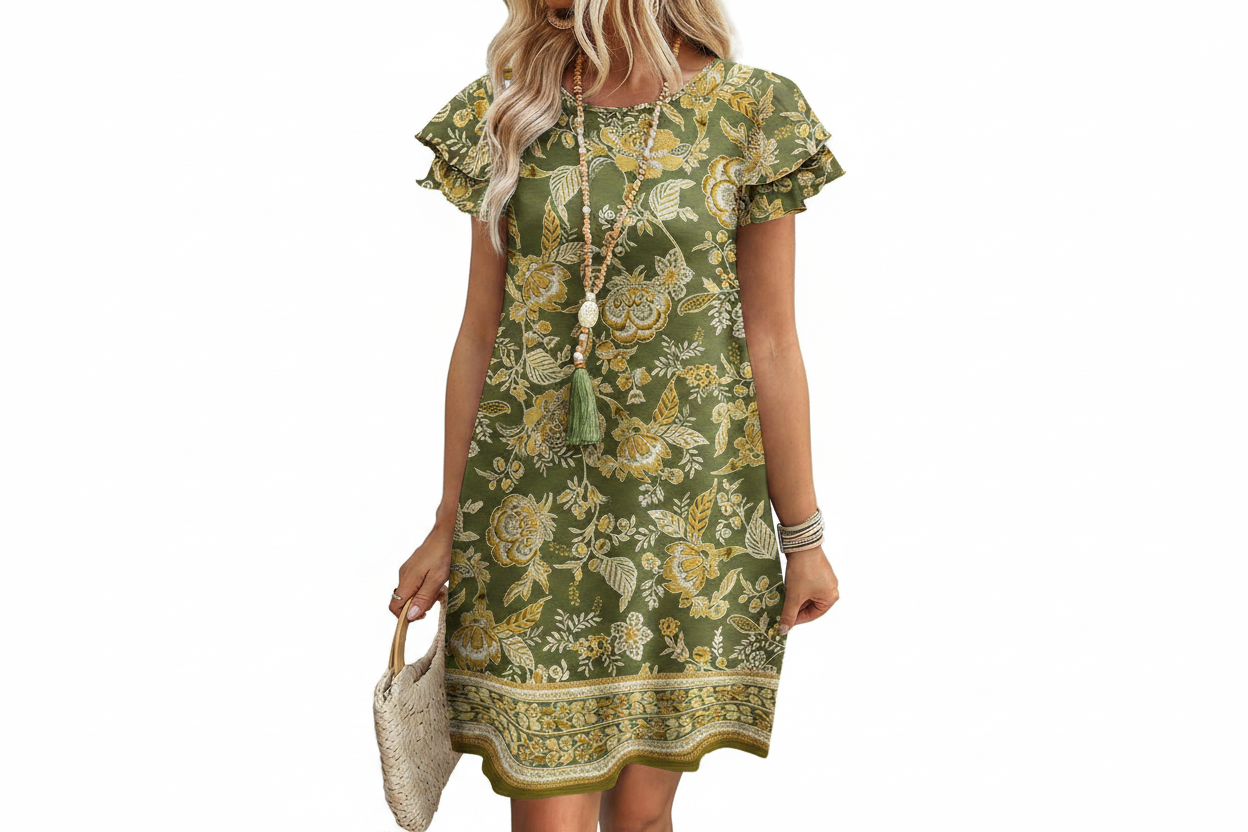 Women's Ruffle Sleeve Swing Sundress with Pockets