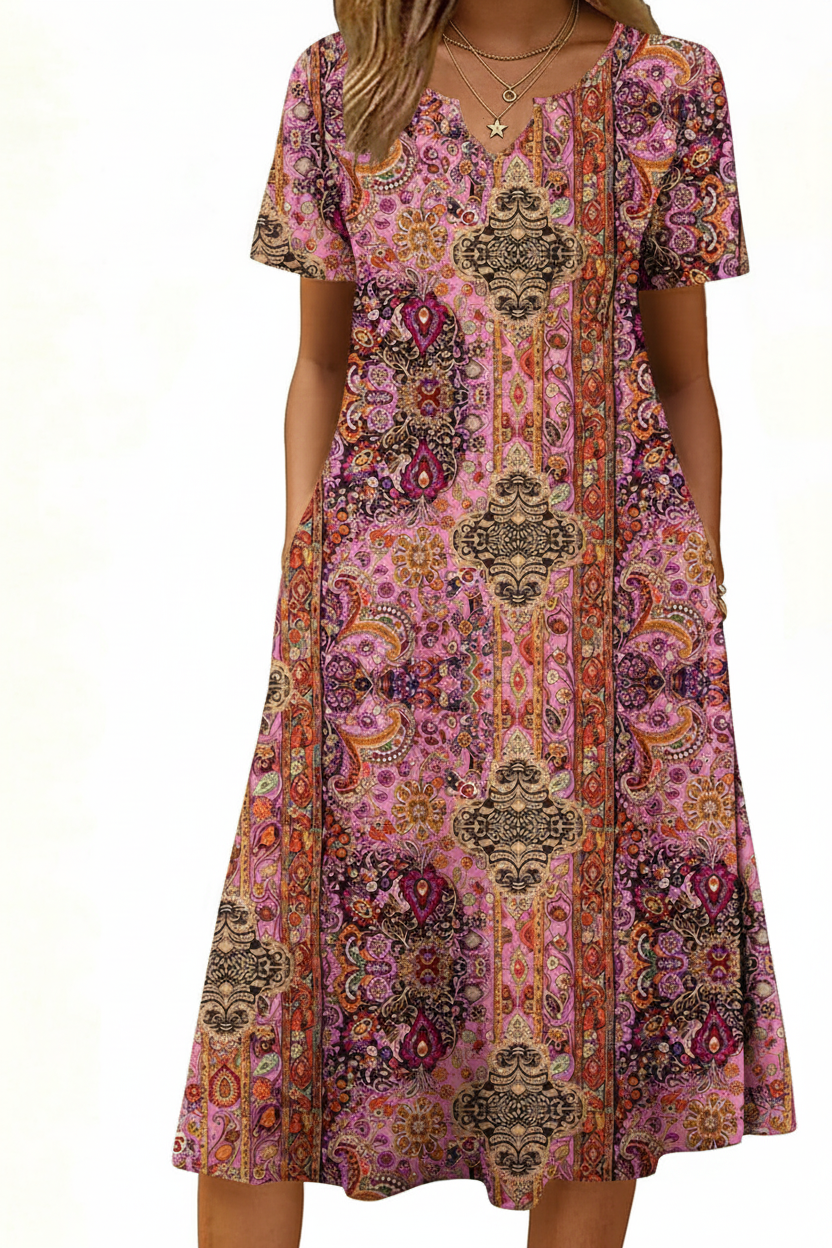 Women's Short Sleeve A-Line Midi Dress with Pockets