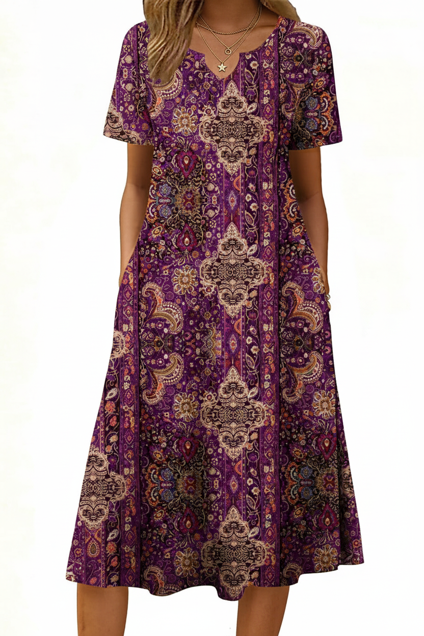 Women's Short Sleeve A-Line Midi Dress with Pockets