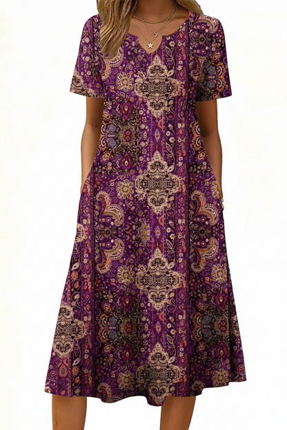 Women's Short Sleeve A-Line Midi Dress with Pockets