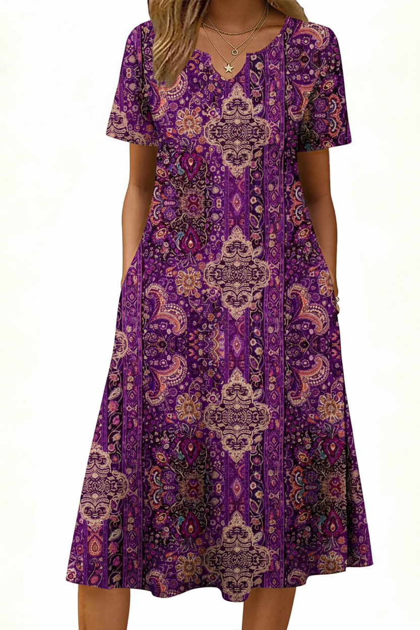 Women's Short Sleeve A-Line Midi Dress with Pockets