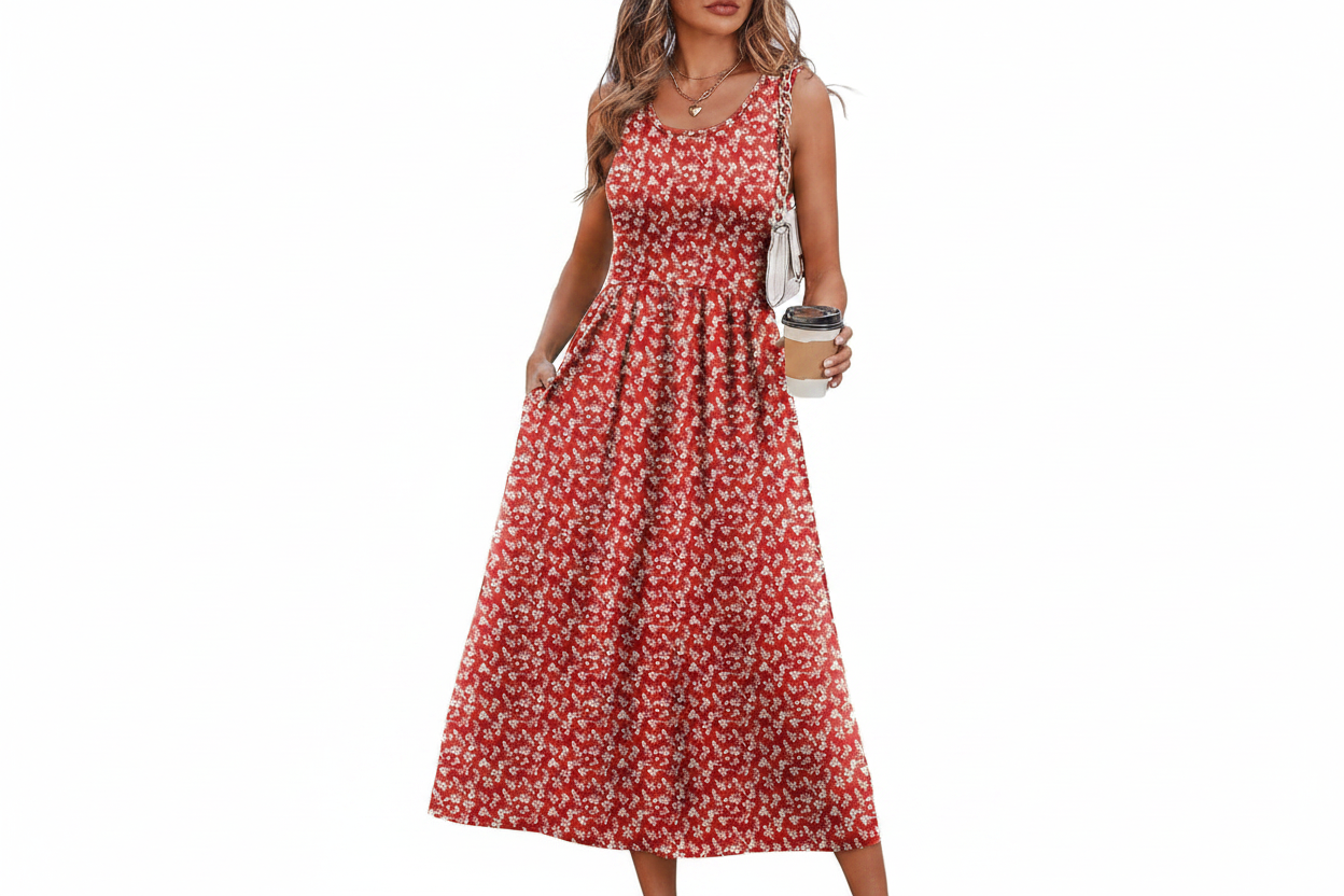 Women's Flowy Casual Midi Dress with Pockets