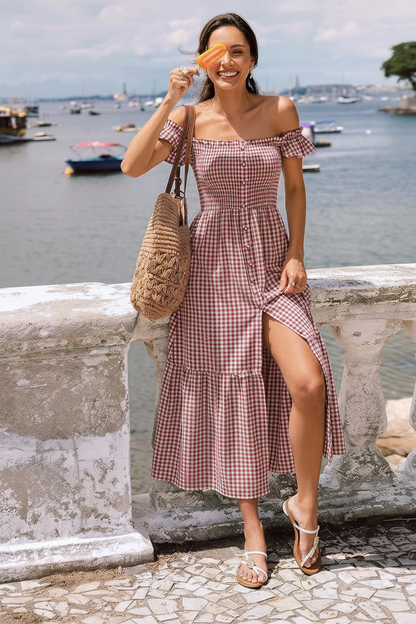 Women's Square Neck Smocked Midi Dress with Pockets