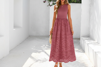 Women's Sleeveless Cotton A-Line Maxi Dress with Pockets