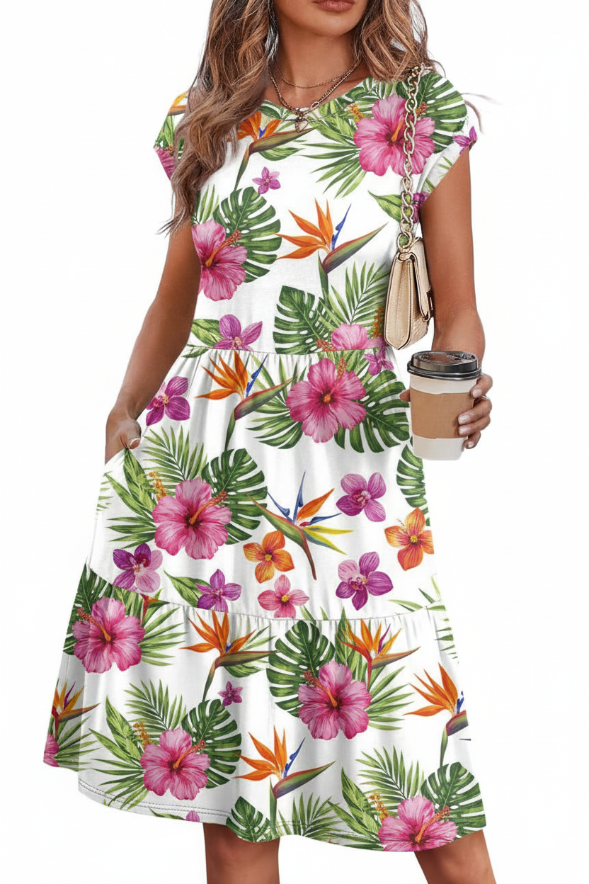 Women's Floral Tiered Cap Sleeve Swing Dress