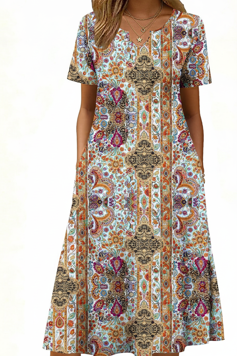 Women's Short Sleeve A-Line Midi Dress with Pockets