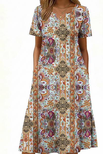 Women's Short Sleeve A-Line Midi Dress with Pockets